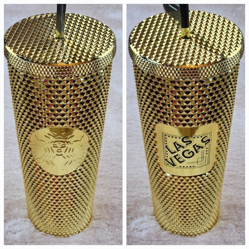 🩵RARE!!! NWT Starbucks 2021 Gold Studded Cold Drink 24 FL Oz Tumbler w/Straw